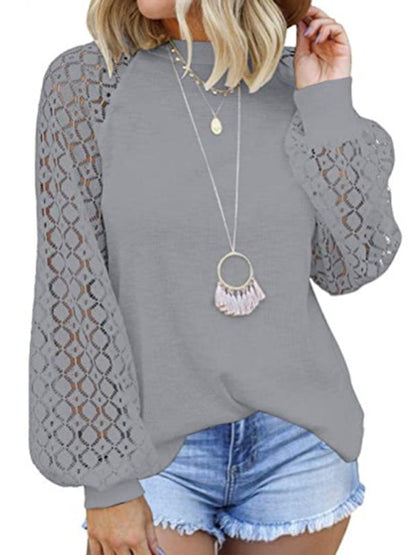 Waffle Round Neck Long Sleeve Lace Panel Loose T-Shirt