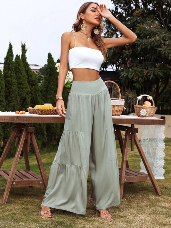 Casual wide-leg cotton and linen high-waist loose trousers for women