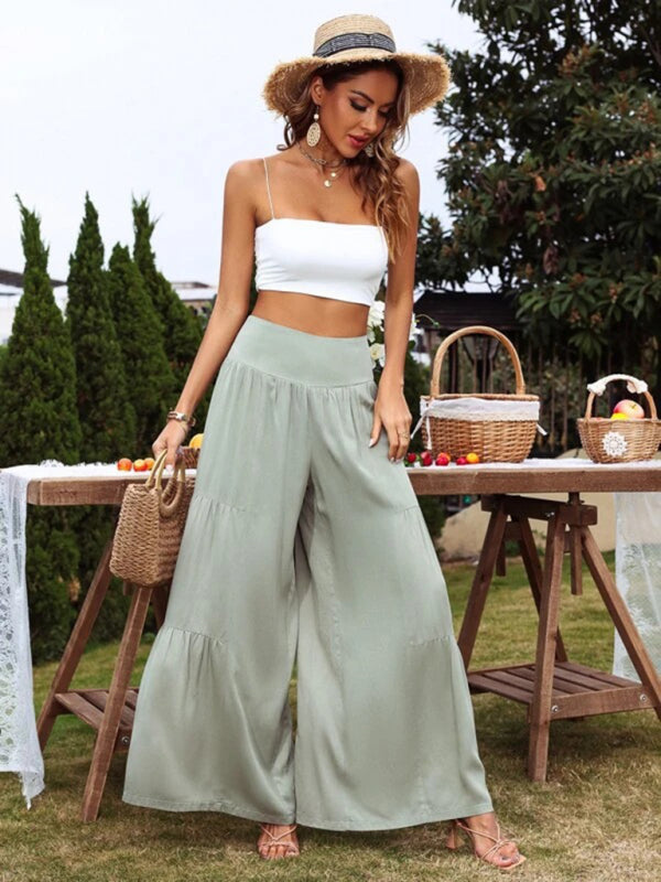 Casual wide-leg cotton and linen high-waist loose trousers for women