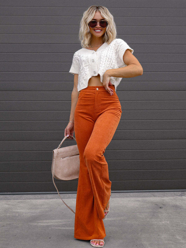 Solid Color High Waist Slim Flared Pants Corduroy High Waist Casual Pants