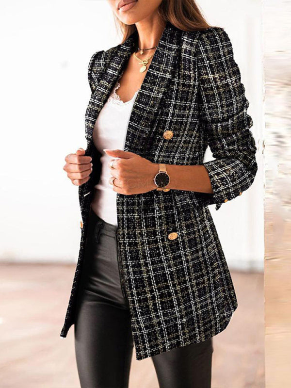 Women's long-sleeved double-breasted suit collar printed small jacket