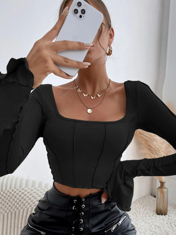 Women's Slim Fit Long Sleeve Square Neck Pullover T-Shirt