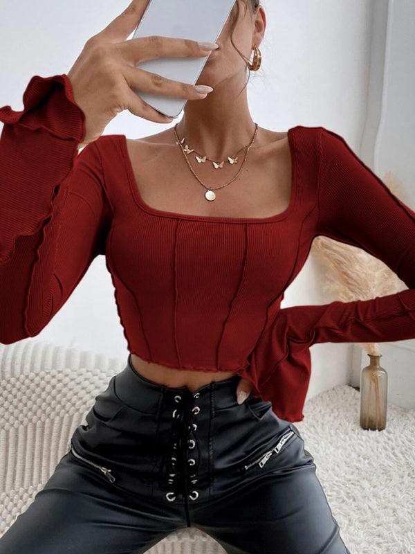 Women's Slim Fit Long Sleeve Square Neck Pullover T-Shirt