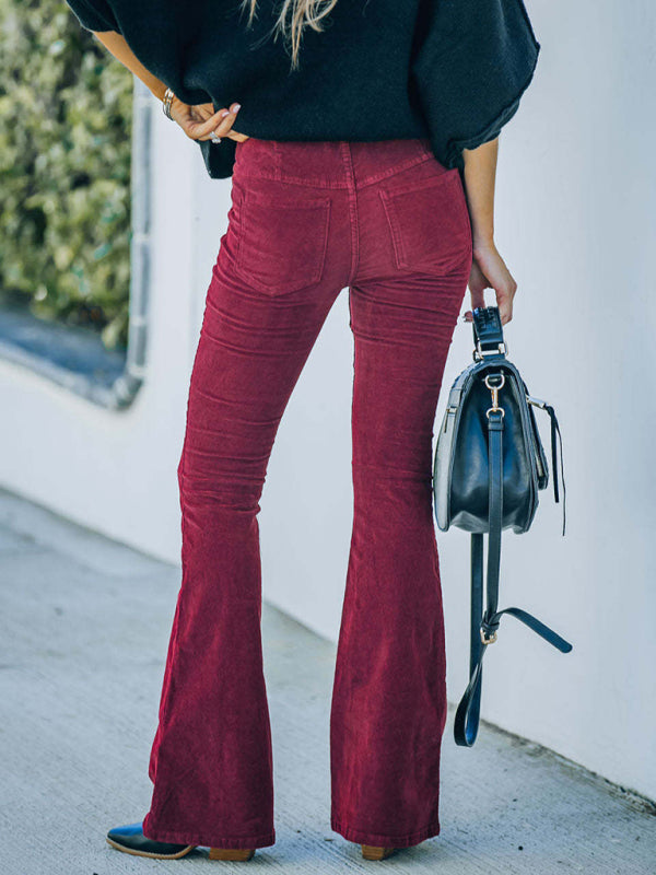 Solid Color High Waist Slim Flared Pants Corduroy Elastic Waist Casual Pants
