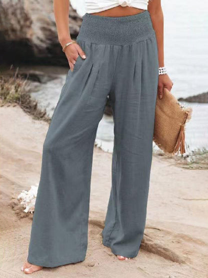 Women's casual wide-leg slub cotton loose trousers