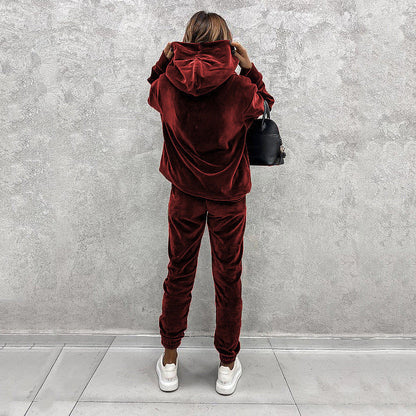 Women's solid color hooded sports casual velvet suit