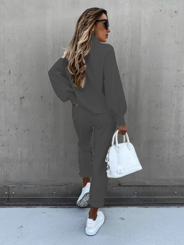 Women's Solid Color Turtleneck Long Sleeve Casual Suit