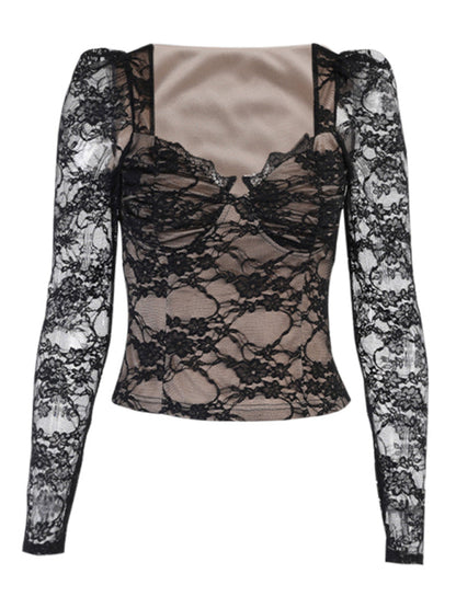 Women's Sexy V-neck lace long-sleeved T-shirt