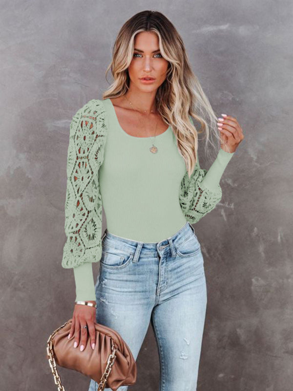 Women's Paneled Lace Long Sleeve Pullover T-Shirt