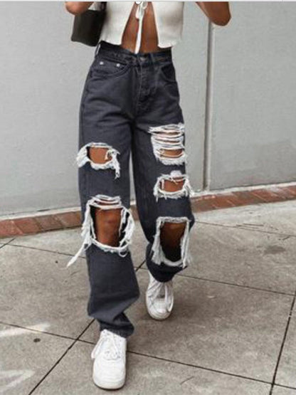 Women's Loose Ripped Straight Denim Trousers