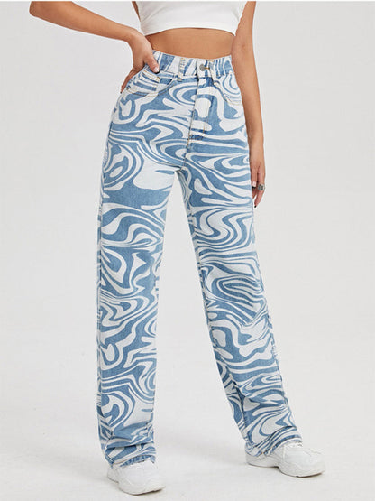 Women's loose water ripple printed straight denim trousers