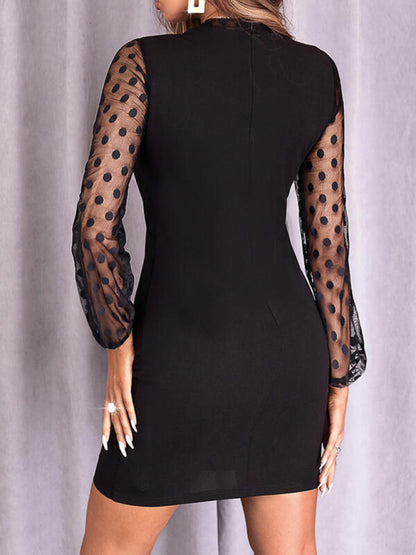 Women's polka dot mesh long-sleeved lace dress