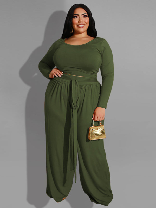 Women's plus size solid color knitted casual two-piece set