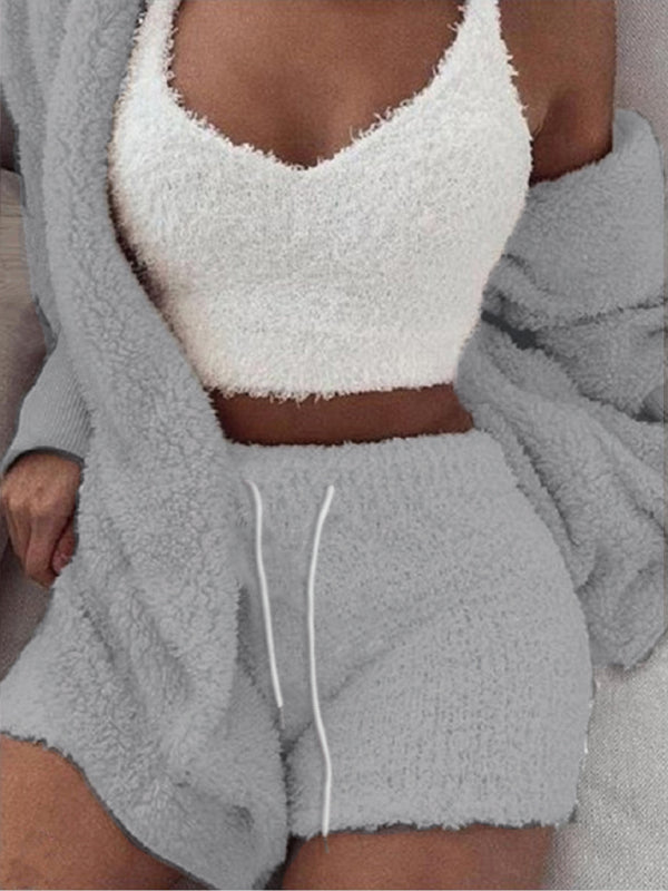 Plush Homewear Casual 3-piece Pajamas Long Sleeve Navel Vest Shorts Set