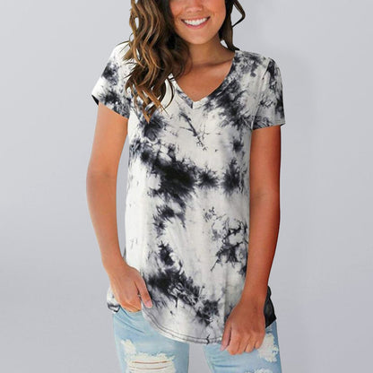 Women's wear European and American street trendsetter pullover tie dyed V-neck women's T-shirt women