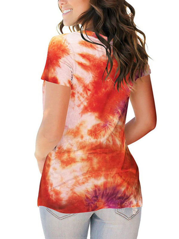 Women's wear European and American street trendsetter pullover tie dyed V-neck women's T-shirt women