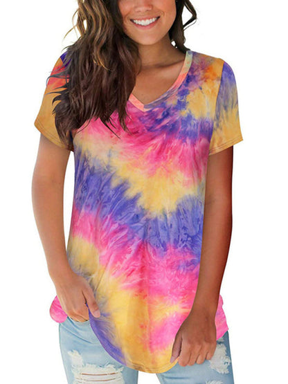 Women's wear European and American street trendsetter pullover tie dyed V-neck women's T-shirt women