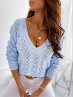 Women's sweater solid color hollow V-neck sweater is casual and comfortable