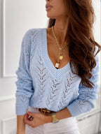 Women's sweater solid color hollow V-neck sweater is casual and comfortable