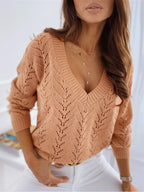 Women's sweater solid color hollow V-neck sweater is casual and comfortable