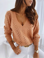 Women's sweater solid color hollow V-neck sweater is casual and comfortable