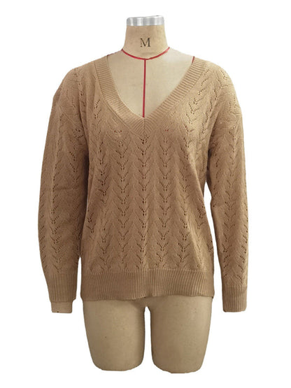Women's sweater solid color hollow V-neck sweater is casual and comfortable