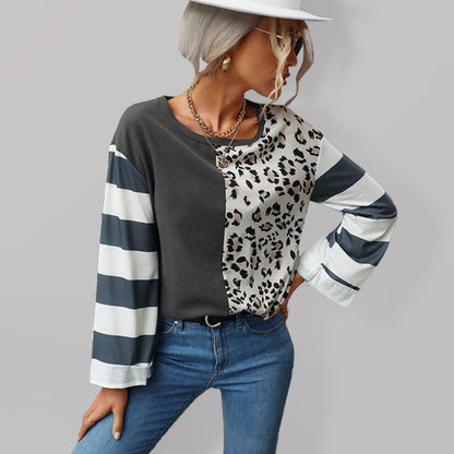 Women's leopard print stitching striped long-sleeved T-shirt