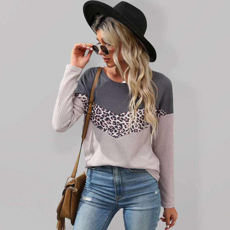 Women's leopard print stitching striped long-sleeved T-shirt