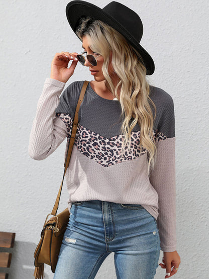 Women's leopard print stitching striped long-sleeved T-shirt