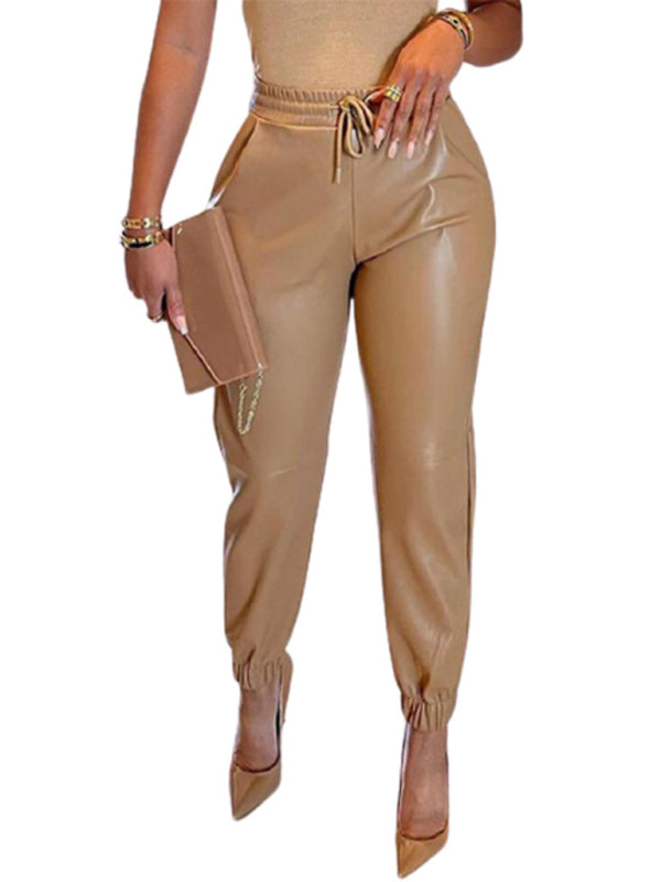 Women's Solid Color Drawstring Pocket Leggings Leather Pants