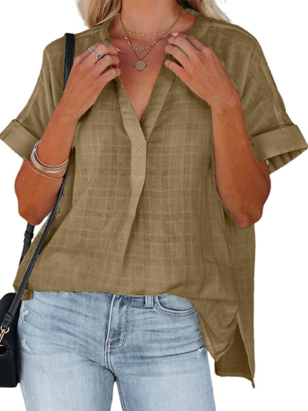 Women's V-neck short-sleeved striped thin loose check shirt