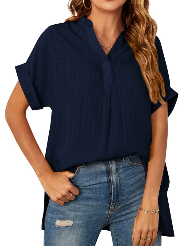 Women's V-neck short-sleeved striped thin loose check shirt