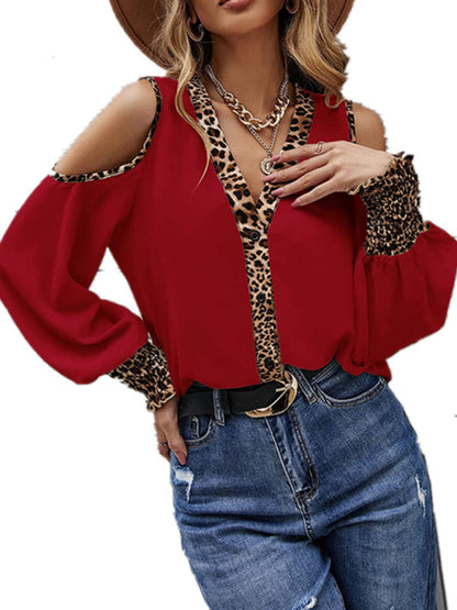 Leopard print stitching V-neck button off-the-shoulder long-sleeved top