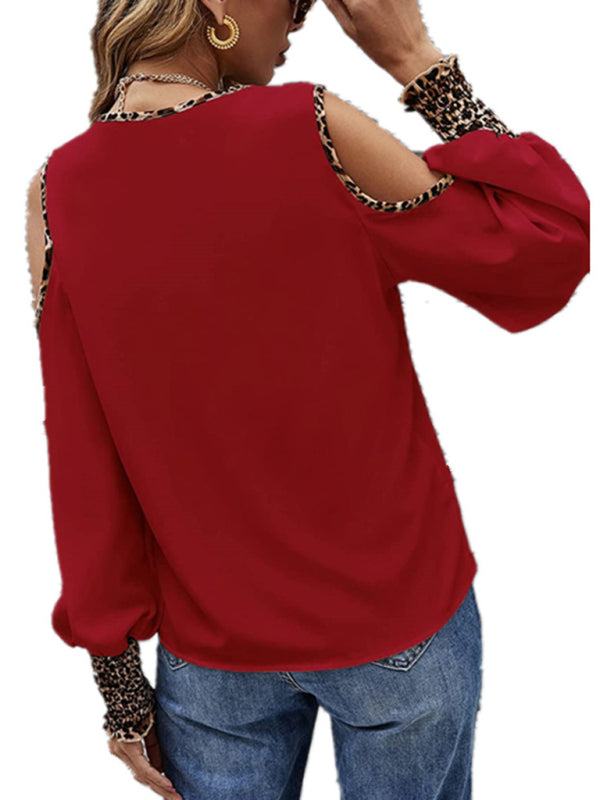 Leopard print stitching V-neck button off-the-shoulder long-sleeved top