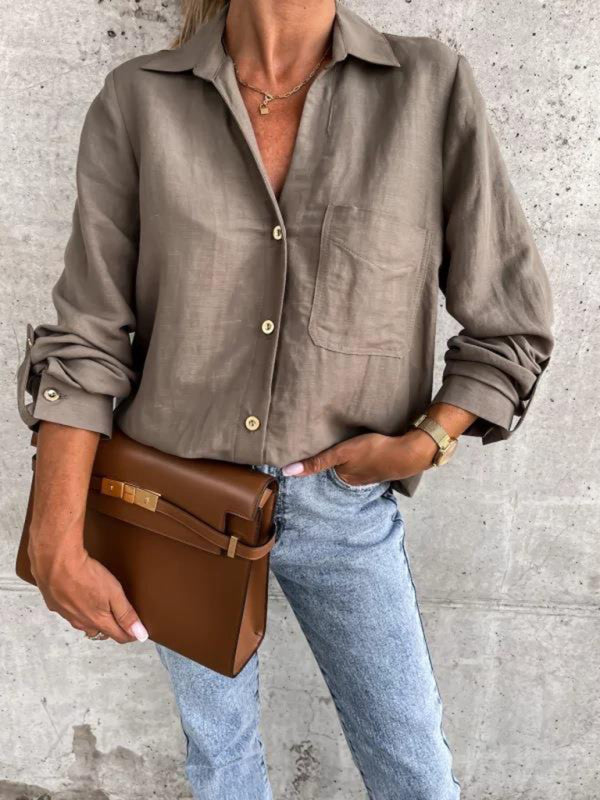 Women's new simple solid color pull-sleeve V-neck button lapel shirt