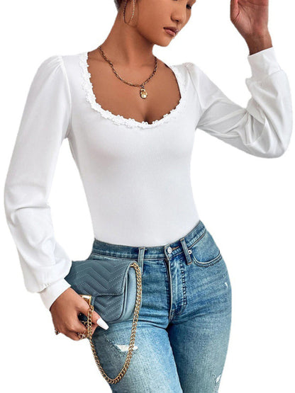 Women's V-neck Puff Sleeve Slim Fit Fashion Versatile Ladies T-Shirt Long Sleeve Lace French Top