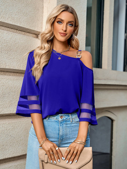 Women's elegant solid color metal buckle one-shoulder blouse