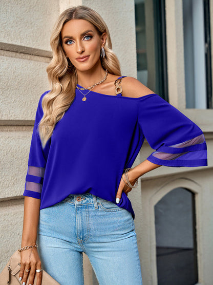 Women's elegant solid color metal buckle one-shoulder blouse
