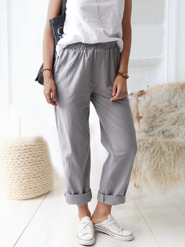 New style solid color casual elastic high waist straight trousers women