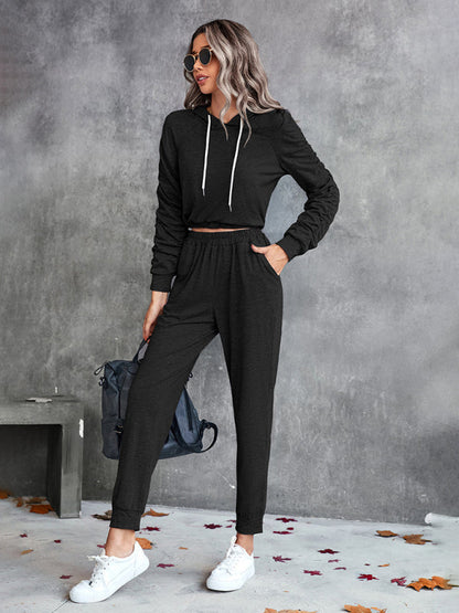 New solid color casual pleated hooded long-sleeved suit