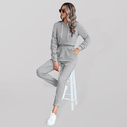 New solid color casual pleated hooded long-sleeved suit