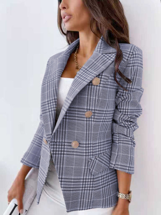 Women's fitted check double-breasted blazer
