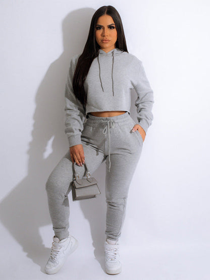 Women's solid color casual hooded sweatshirt suits