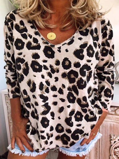 Women's leopard print full-print V-neck long-sleeved T-shirt