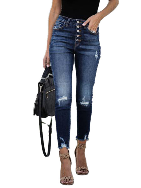 High Waist Retro Breasted Fringed Small Feet Elastic Ripped Jeans Women's Trousers