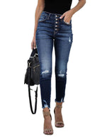 High Waist Retro Breasted Fringed Small Feet Elastic Ripped Jeans Women's Trousers