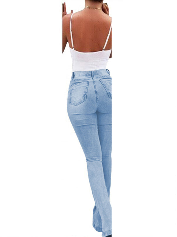 Elastic slit flared high waist jeans women's trousers