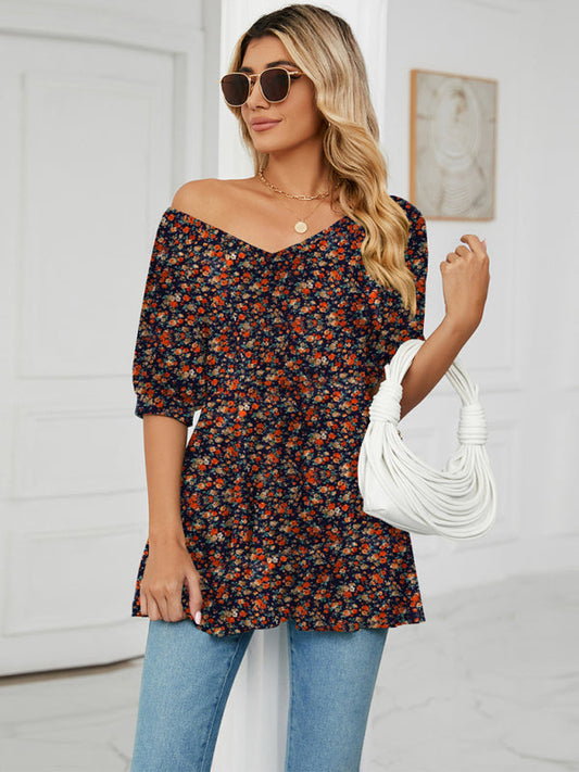 Spring and summer new v-neck printed t-shirt bubble short-sleeved tunic top