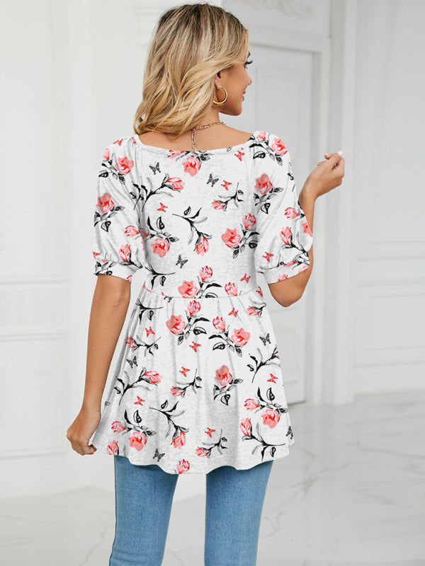 Spring and summer new v-neck printed t-shirt bubble short-sleeved tunic top