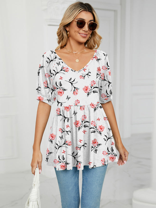 Spring and summer new v-neck printed t-shirt bubble short-sleeved tunic top